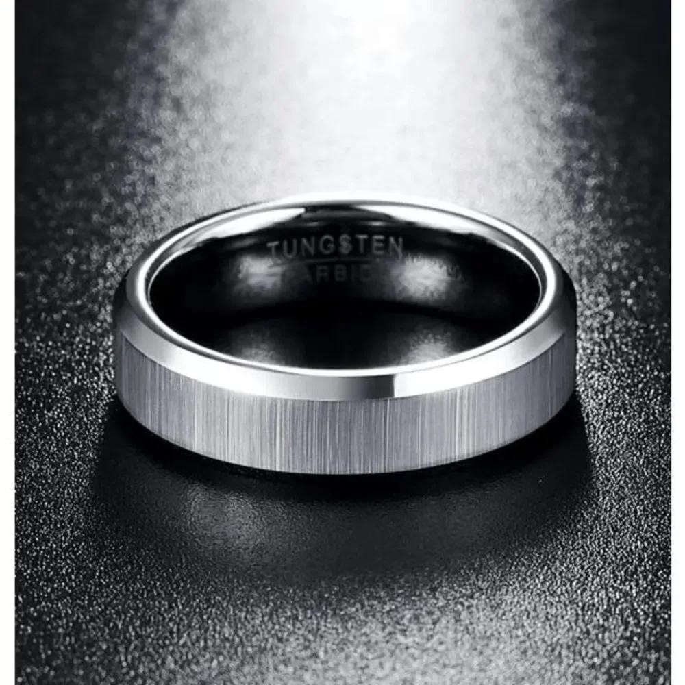 Tungsten Carbide Men's Matte Finished Silver Edged Wedding Band Ring